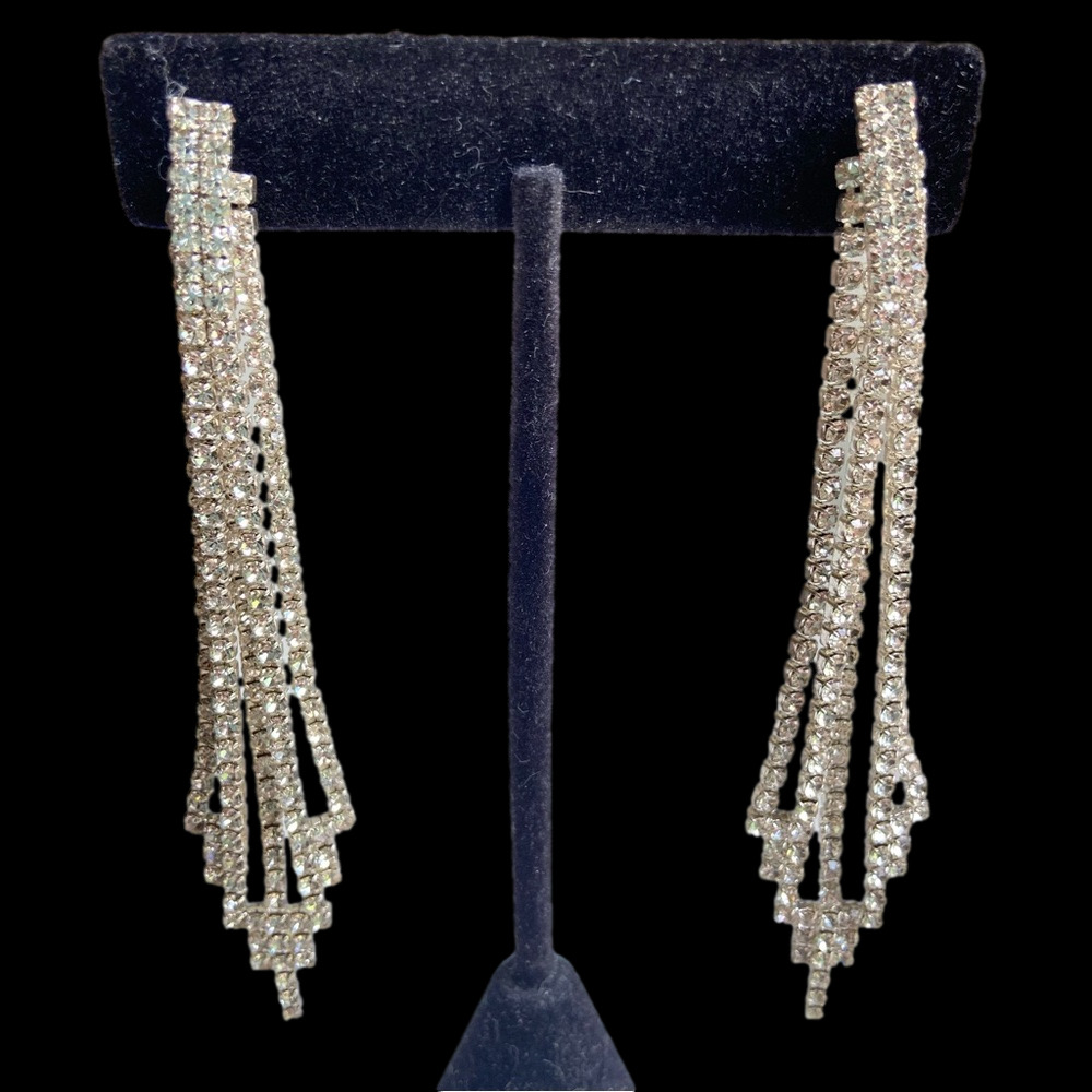Long sparkly rhinestone pierced post and dangle tassel earrings in silvertone